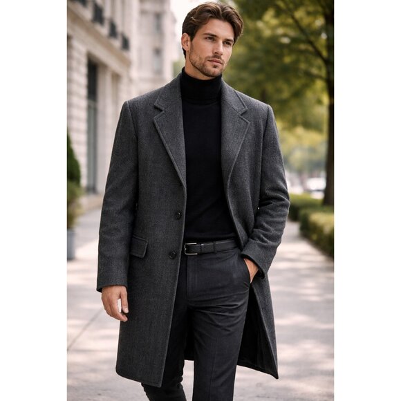 Hart Schaffner Marx Saxony Wool Herringbone Overcoat Mens L Gray Classic Coat